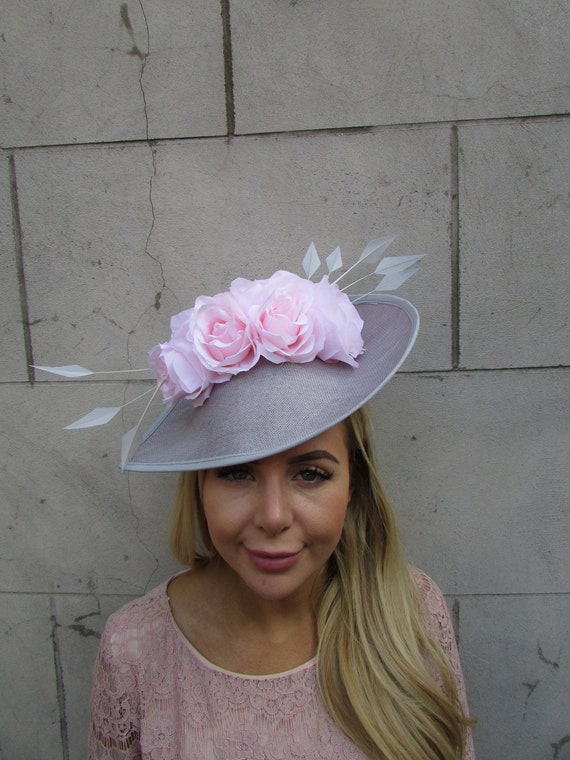 Large Light Grey Blush Pink Flower Feather Fascinator Hat  display picture 2