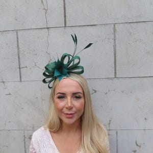 Bottle Green Feather Fascinator Headband Headpiece Races Wedding Guest Sinamay Ladies Day Modern Dark Green One off Piece - u12705