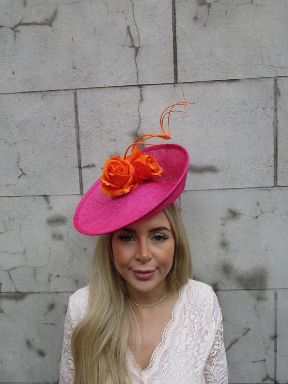 Large Hot Pink & Orange Sinamay Feather Hat Wedding 