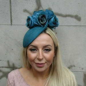 Teal Blue Dark Turquoise Flower Fascinator Hat Saucer Disc Floral Wedding SH-62