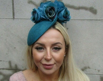 Teal Blue Dark Turquoise Flower Fascinator Hat Saucer Disc Floral Wedding SH-62