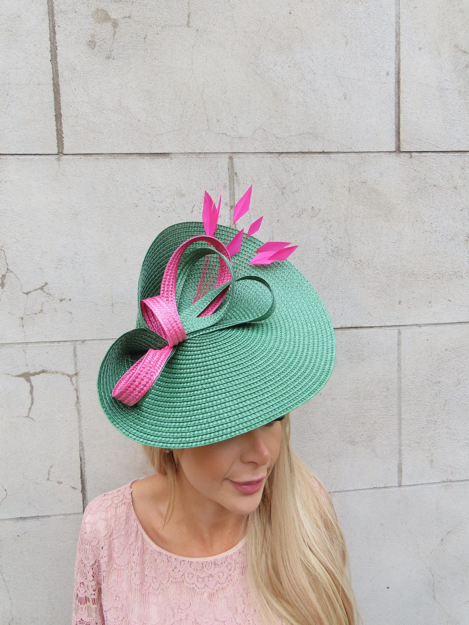 One off Piece Large Hot Pink & Green Feather Straw Style Hat Fascinator ...