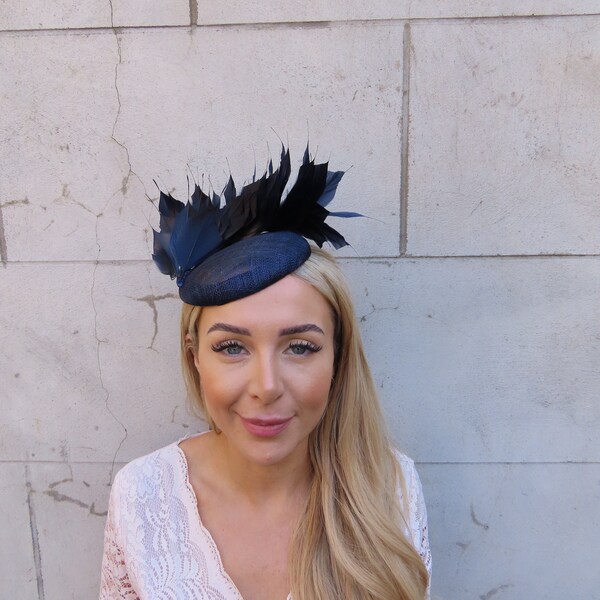 One off Piece - Dark Navy Blue Feather Sinamay Fascinator Pillbox Hat Wedding Guest Headpiece Races Cheltenham u10505