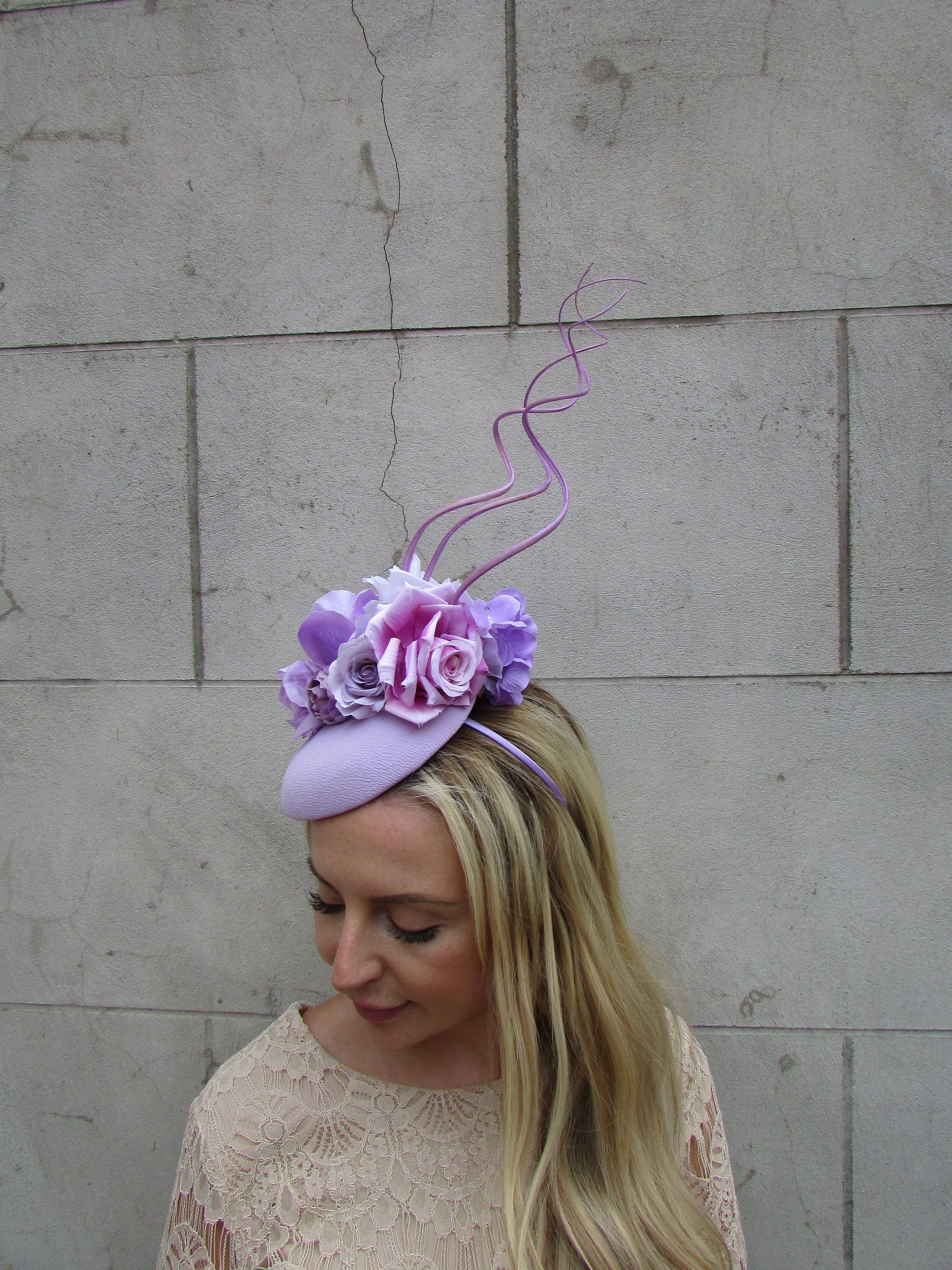 Purple Floral Fascinator Hat Headband Lavender Rose Statement Headwear Lavender lilac purple flower fascinator disc saucer hat  main image 3