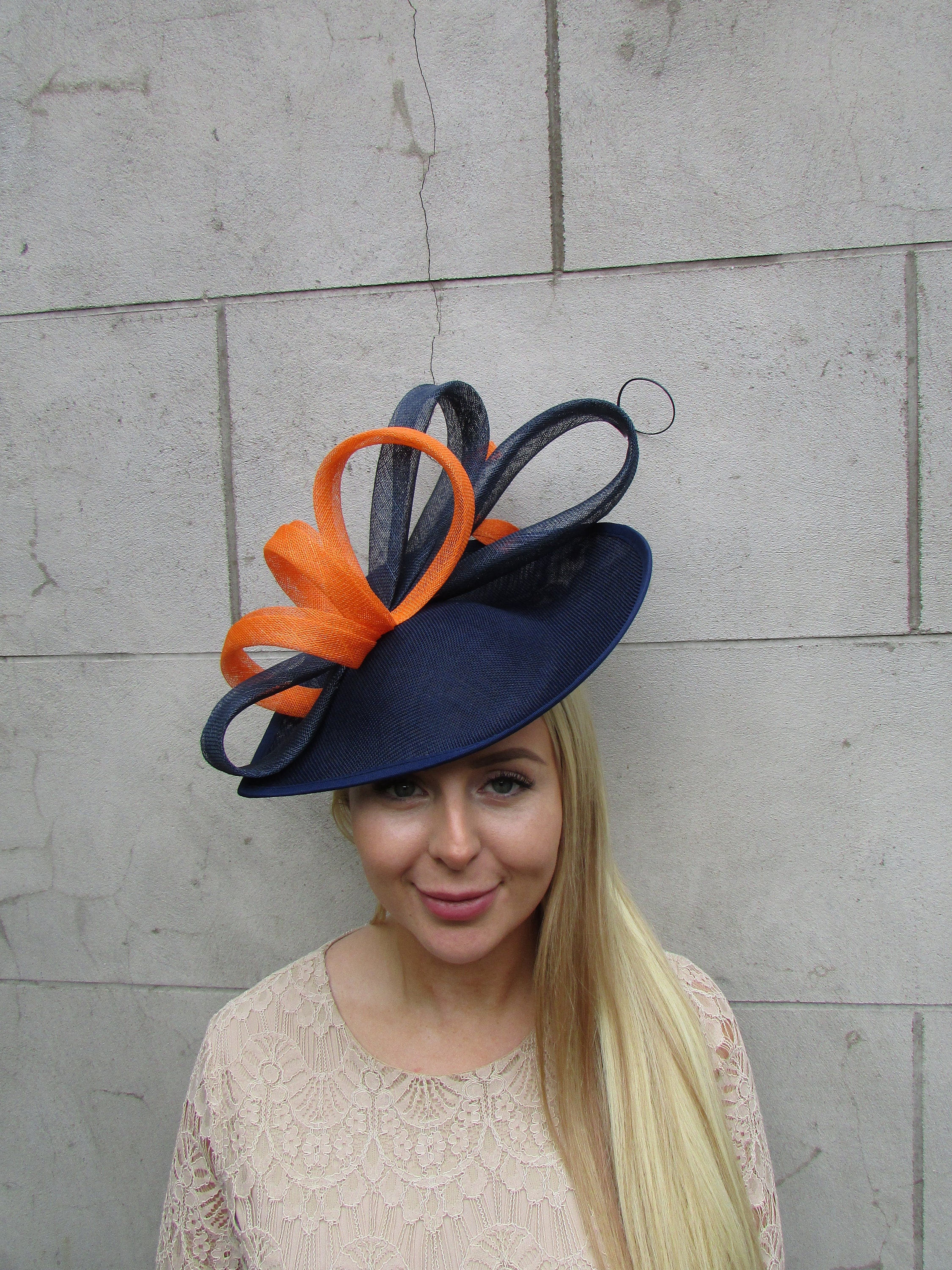 Large Navy Blue Burnt Orange Fascinator Hat Big Teardrop Hatinator