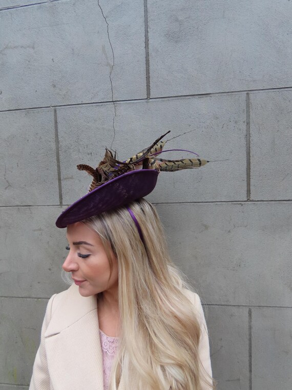 Large Plum Purple Grape Brown Pheasant Feather Fascinator Hat Big