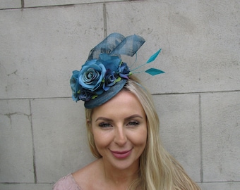 New Teal Dark Turquoise Blue Sinamay Rose Flower Feather Pillbox Hat Fascinator Races Hair Wedding SH-17