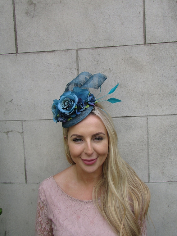 Blue Grey Felt Rosette Fascinator Headband Large Light Blue Rose Teardrop Fascinator Hat Headband  main image 3