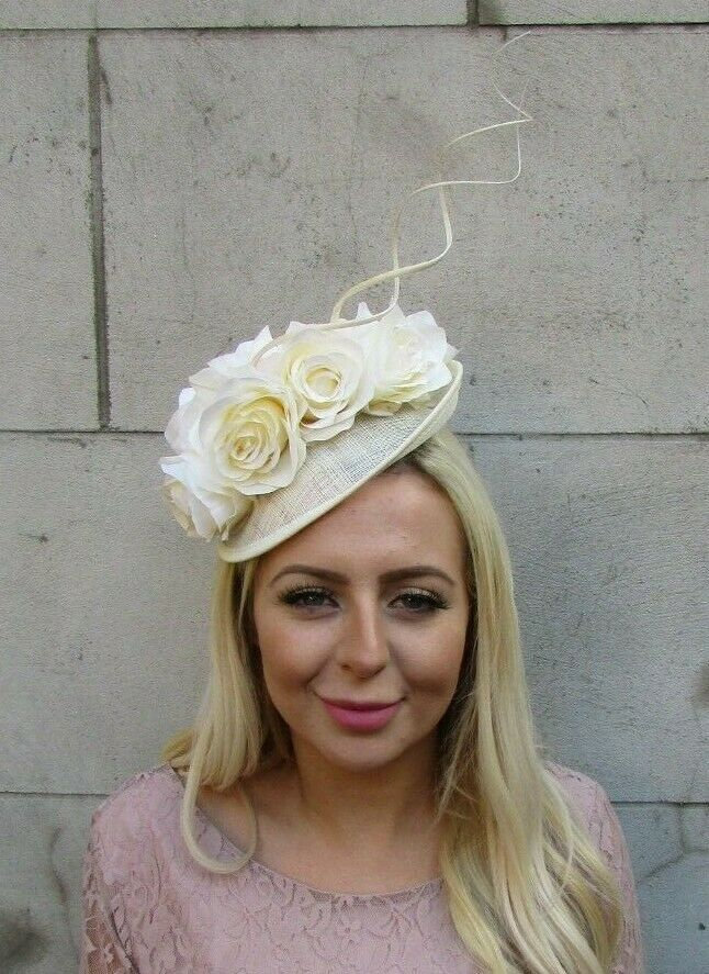 Cream Rose Flower Feather Disc Saucer Hat Fascinator Races Wedding Sinamay sh-370 uu