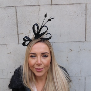 Black & Gold Feather Fascinator Headband Headpiece Races Wedding Guest Sinamay Hatinator Hairband One off Piece - u11802