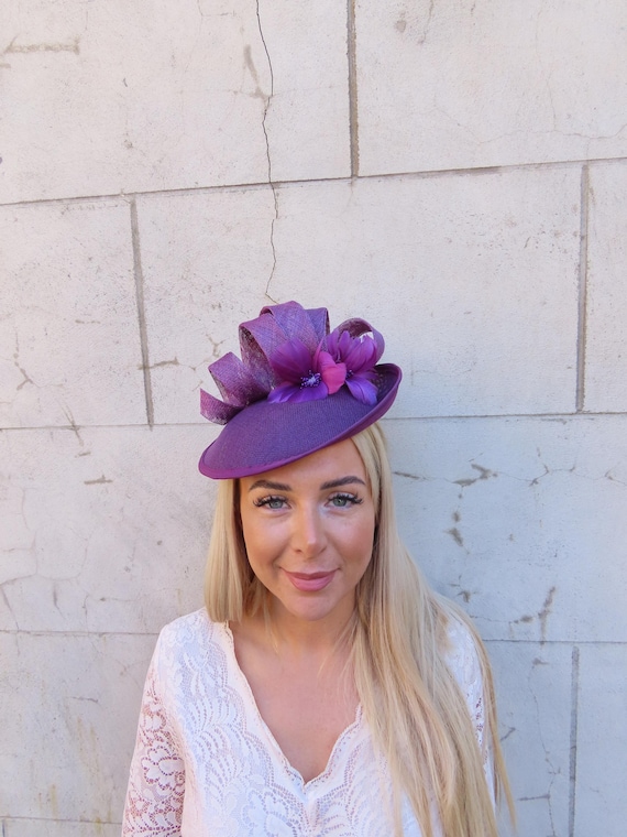 Plum Grape Purple Feather Flower Fascinator Hat Saucer Disc