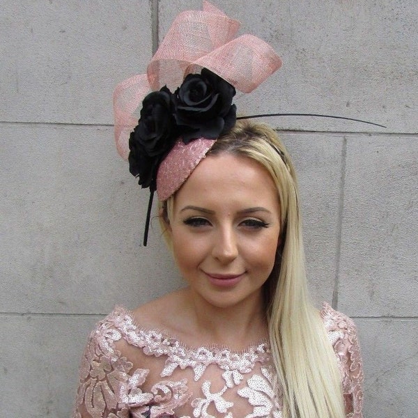 Black Rose Gold Flower Feather Hat Hair Fascinator Races Wedding Sequin sh-161