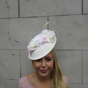 Cream Ivory Blush Pink Light Pink Flower Fascinator Feather Hat Disc Floral Races Wedding Hatinator sh-551