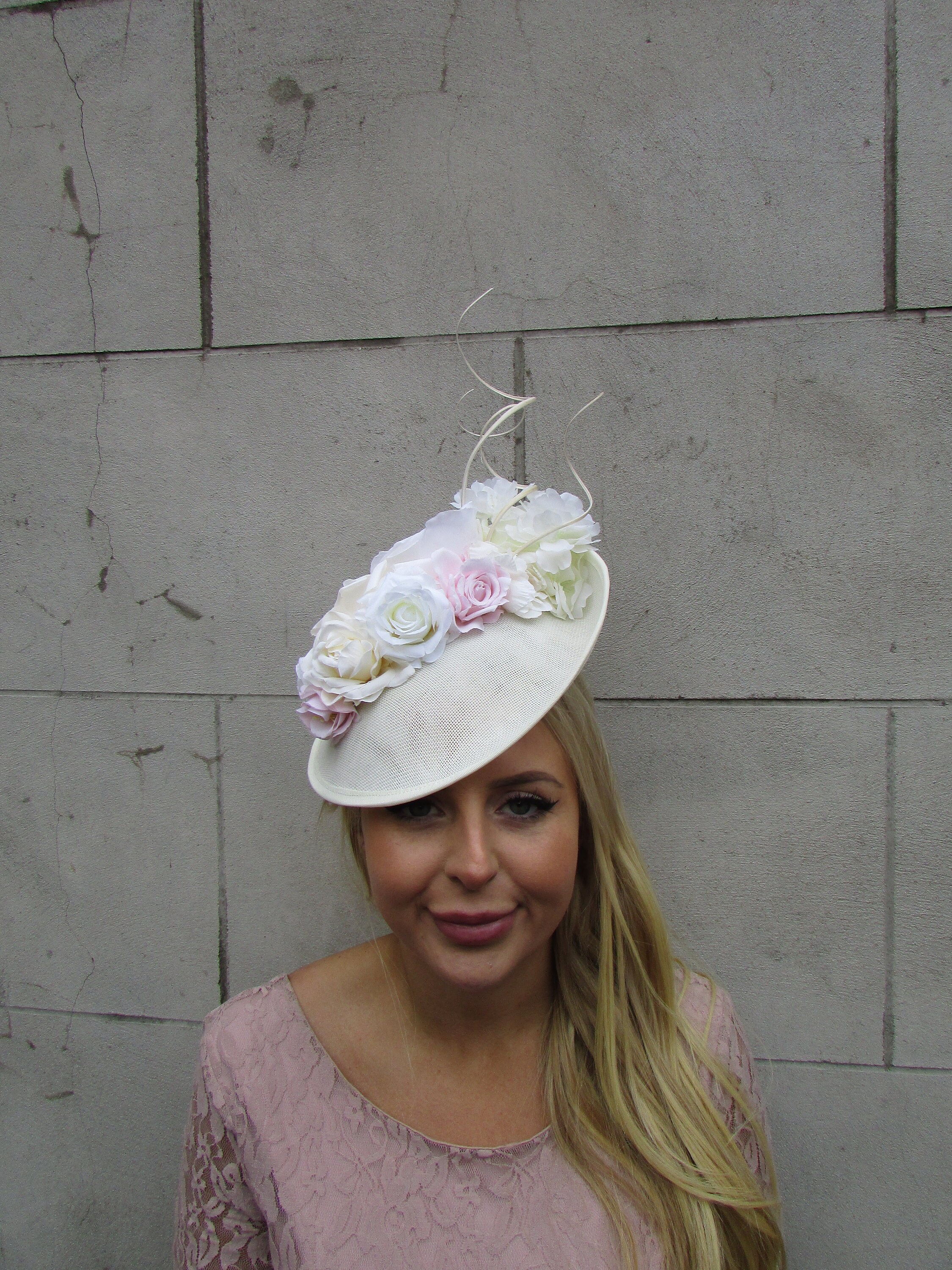 Cream Ivory Blush Pink Light Pink Flower Fascinator Feather 