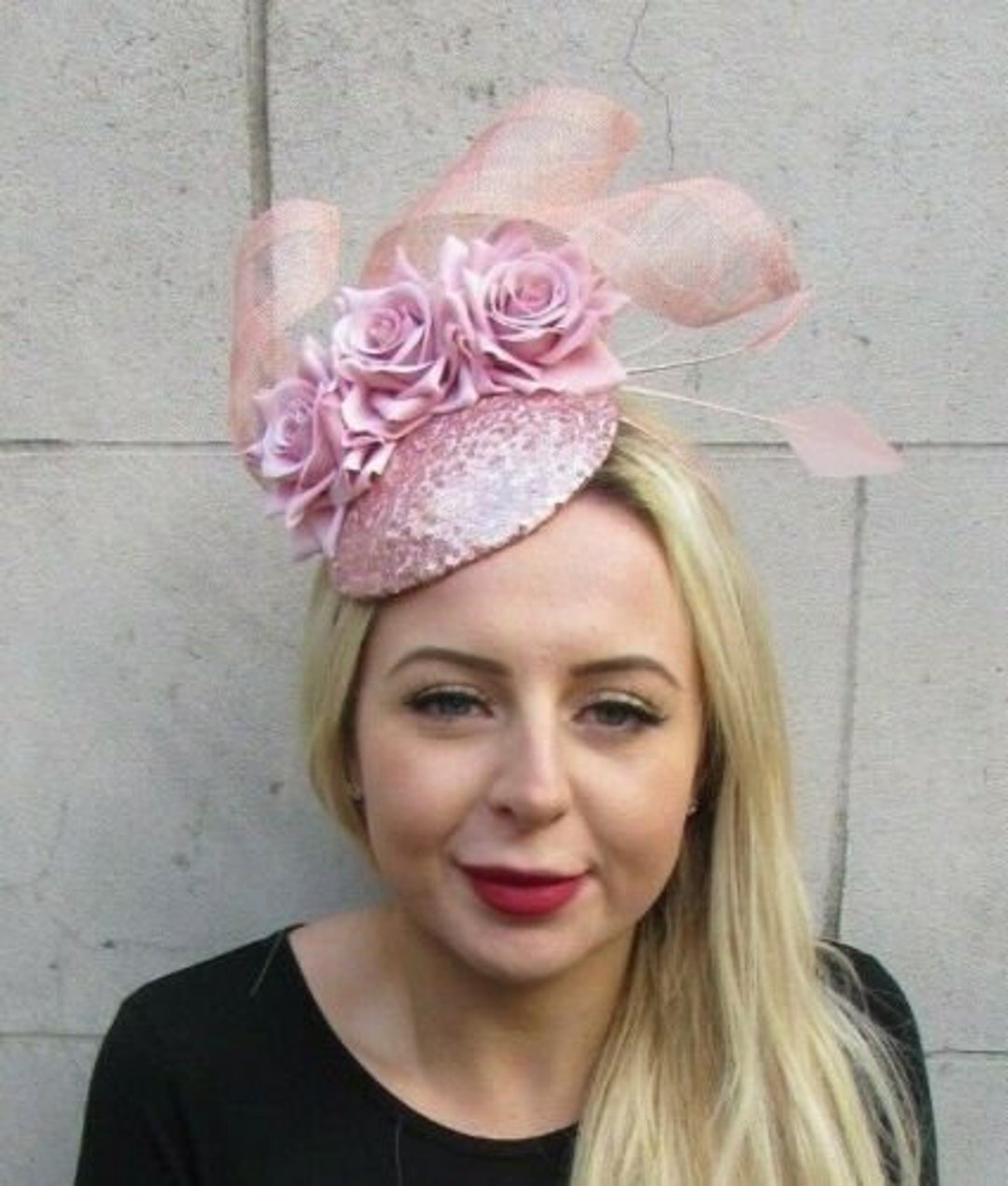 Rose Gold Blush Nude Dusky Pink Flower Feather Hat Hair Fascinator ...