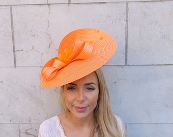 One off Piece Large Orange Feather Straw Style Hat Fascinator Wedding Guest Races Disc Headband Hatinator Big Light Orange u10505