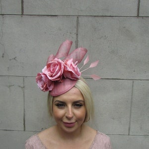 Dusky Pink Sinamay Rose Flower Feather Hat Fascinator Races Wedding Blush SH-40