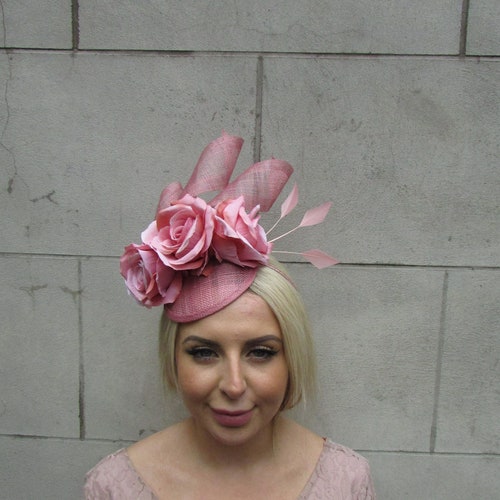 Dusky Pink Sinamay Rose Flower Feather 