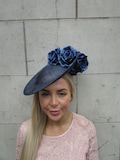 Large Navy Blue Sinamay Rose Flower Floral Disc Saucer Feather Hat Fascinator Headpiece Headband Wedding Races u13009
