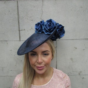 Large Navy Blue Sinamay Rose Flower Floral Disc Saucer Feather Hat Fascinator Headpiece Headband Wedding Races u13009