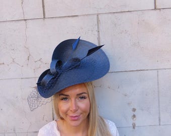 Kentucky Derby Headwear Navy Hat Fascinator Feather Statement Formal Occasion Navy Blue Black Statement Hatinator Kentucky Derby  main image 2