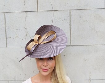 Large Tan & Brown Straw Hat Fascinator Wedding Guest Races Disc Headband Hatinator