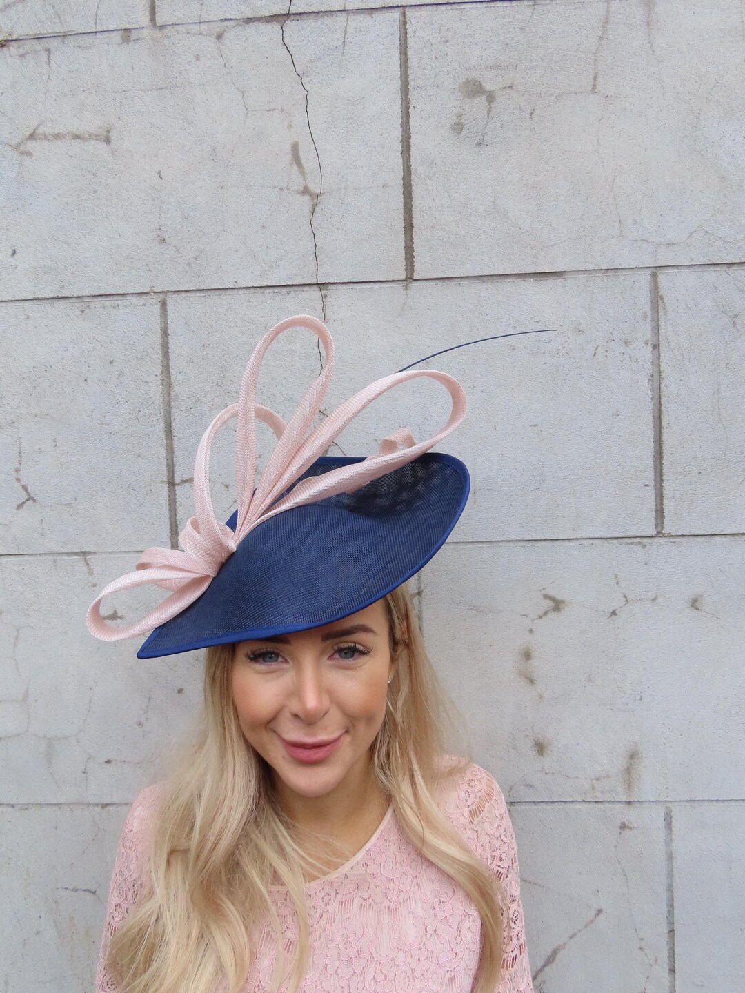 Large Navy Blue Pale Light Blush Pink Feather Fascinator Hat Big ...