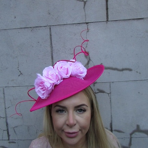 Large Hot Pink & Blush Light Pink Rose Flower Fascinator Hat Big Teardrop Tilted Floral Wedding Races Headband Fuchsia Magenta sh-560uu