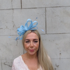 Light Baby Blue Fascinator Headband  Wedding Guest Headpiece Races Sinamay One off Piece - u10707