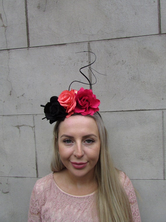 Black Orange Hot Pink Rose Flower Statement Feather Fascinator