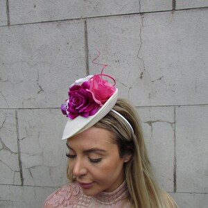 Cream Fuchsia Hot Pink Magenta Flower Fascinator Feather Hat Disc Floral Races Wedding Hatinator sh-294 image 3