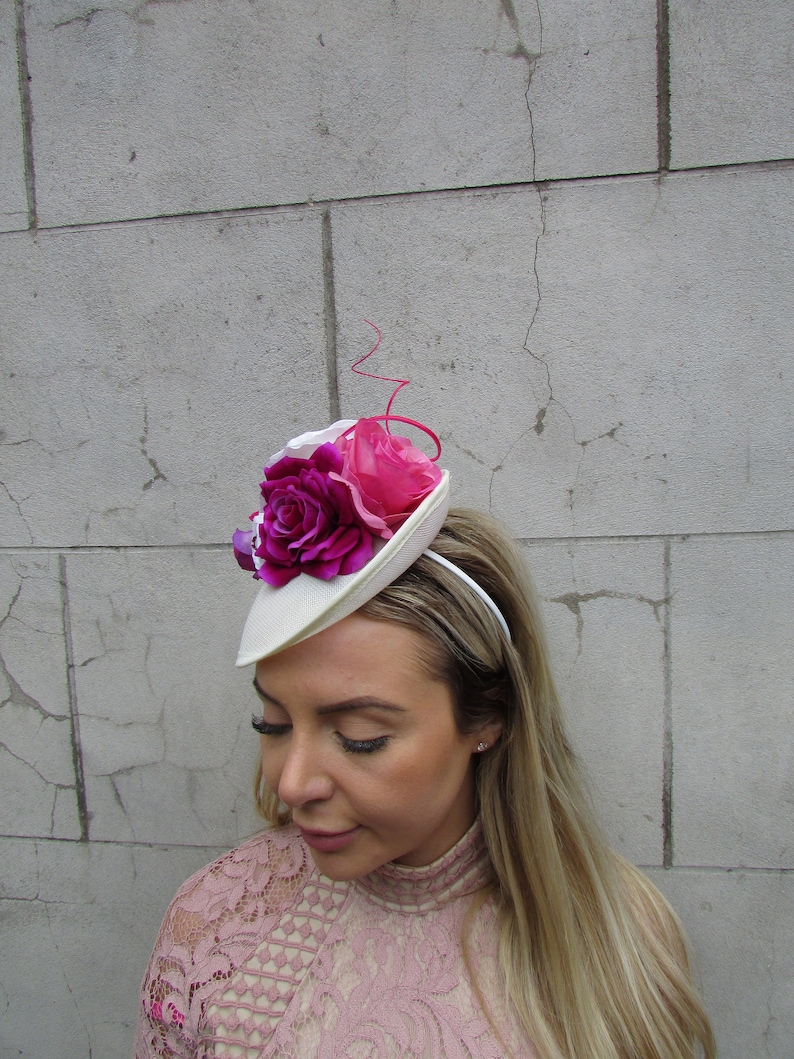 Cream Fuchsia Hot Pink Magenta Flower Fascinator Feather Hat Disc Floral Races Wedding Hatinator sh-294 image 3