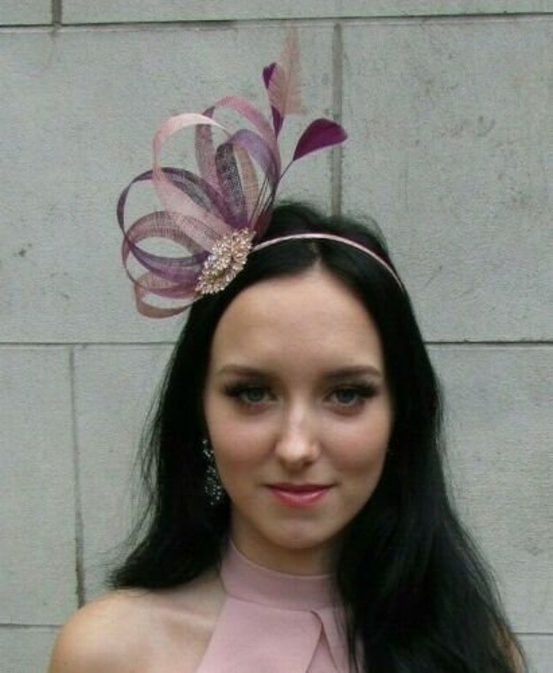 Dusky Blush Pink Heather Mauve Plum Purple Sinamay Feather Hair Fascinator 7511