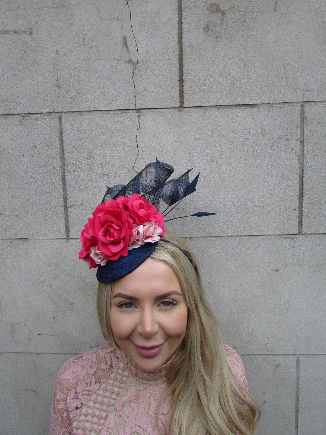 Navy Hot Blush Light Nude Pink Flower Feather Hat Fascinator Races ...