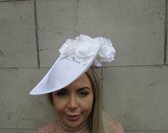 Large White Rose Flower Fascinator Hat Big Teardrop Tilted Wedding Races Floral Hatinator Ascot on a Headband Ladies Day u10904