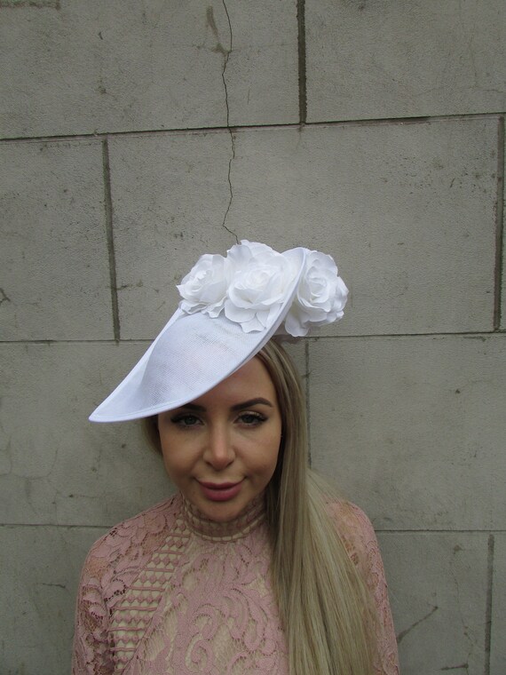 Large White Rose Flower Fascinator Hat Big Teardrop Tilted  display picture 2