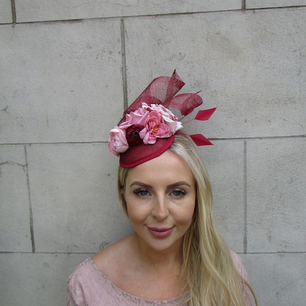 Burgundy Wine Maroon Red Blush Dusty Dusky Pink Rose Flower Feather Hat Fascinator Races Wedding u1z32