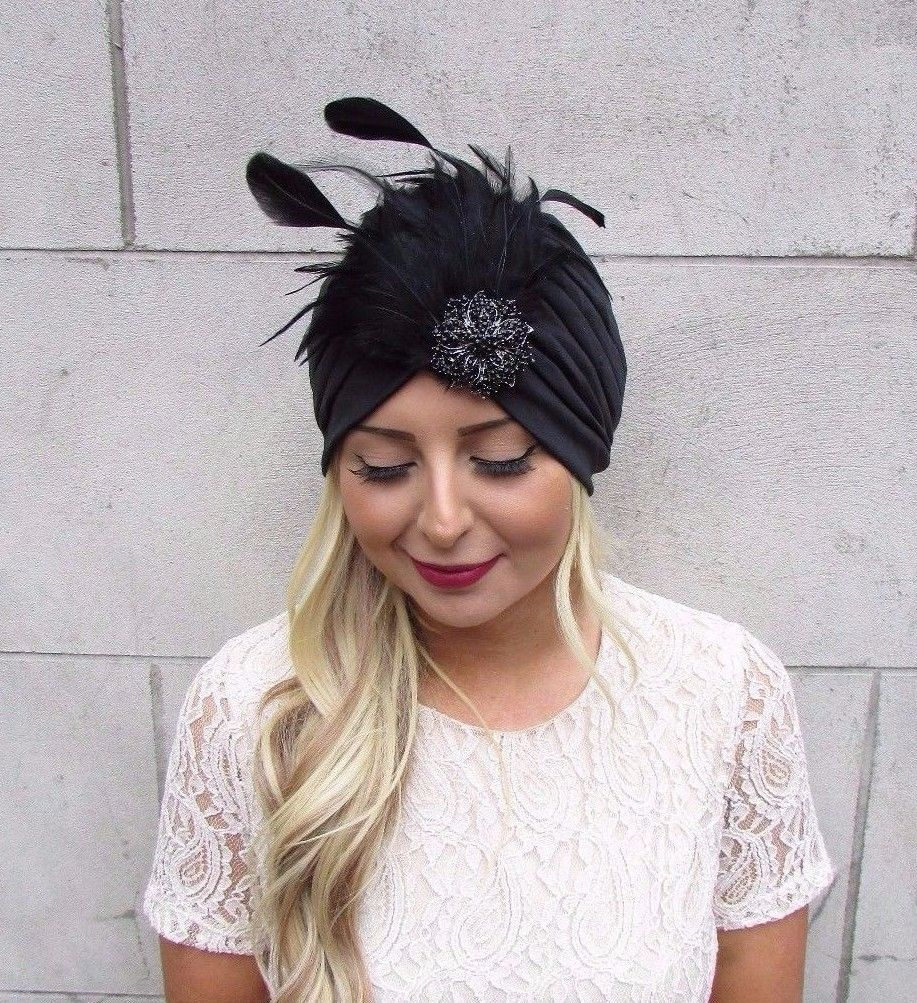 Black Diamante Feather Turban Headpiece 