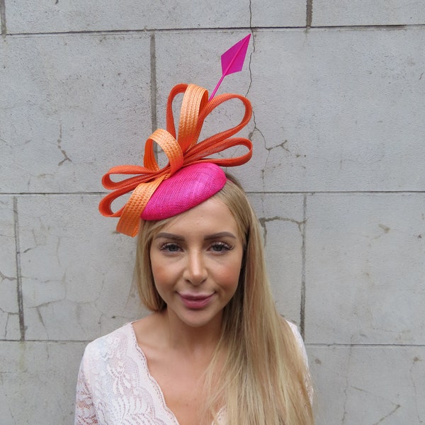 One Off Piece - Hot Pink & Orange Fascinator Statement Pillbox Hat Wedding Sinamay Races Wedding Guest Cerise Fuchsia Burnt Orange u10903