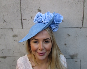 Large Light Cornflower Baby Blue Periwinkle Rose Flower Teardrop Fascinator Hat Races Hair Headband Wedding Guest Headpiece Hatinator u10311