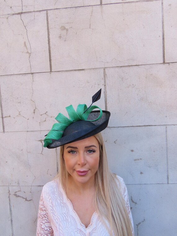 Large Black Emerald Green Disc Sinamay Feather Saucer Feather