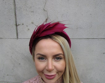 Burgundy Feather Fascinator Wine Dark Red Velvet Padded Headband Headpiece Halo Padded Hair Crown Races Wedding u1p