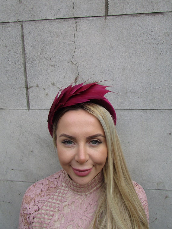 Burgundy Feather Fascinator Wine Dark Red Velvet Padded  display picture 1