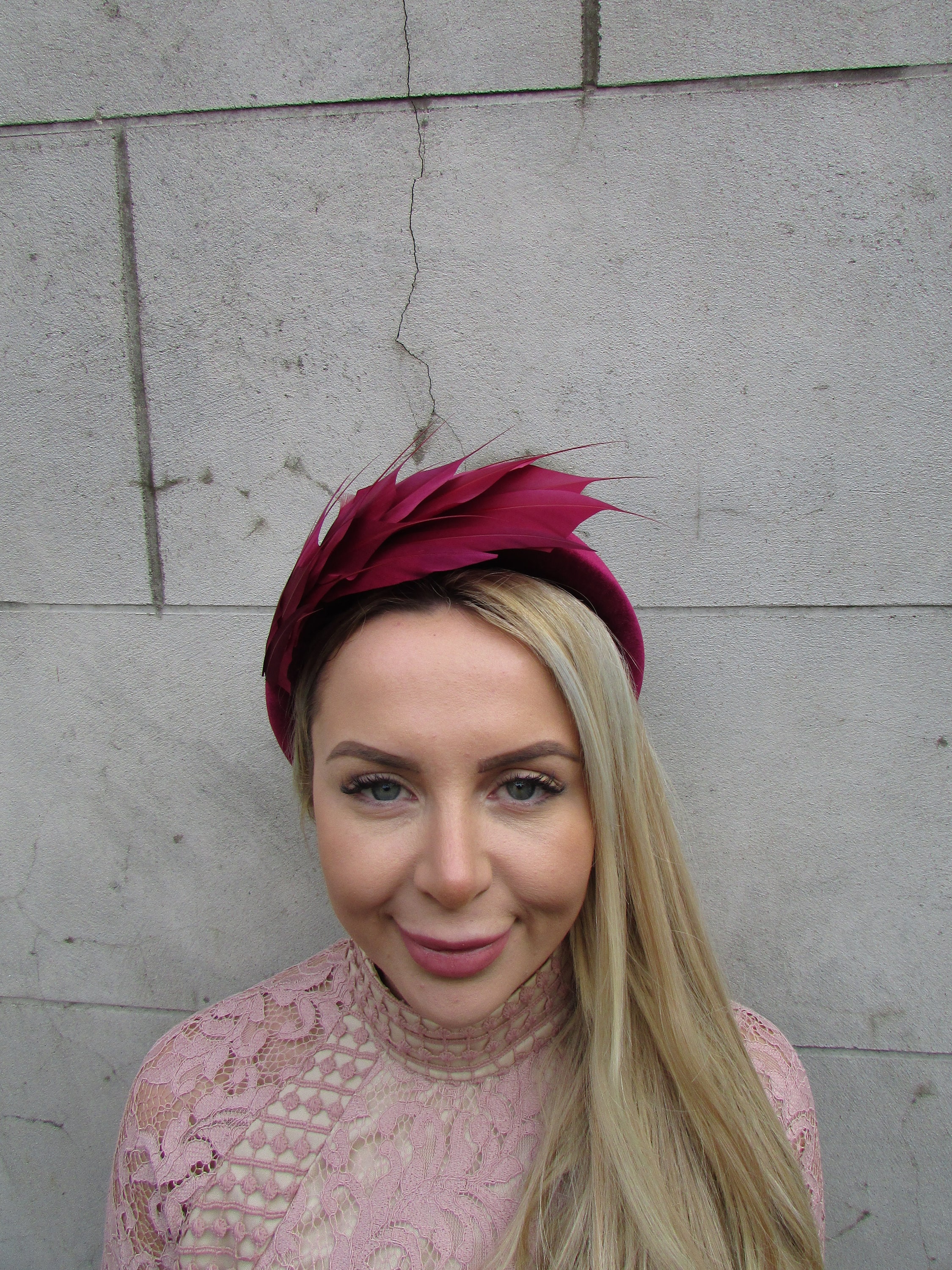 Burgundy Feather Fascinator Wine Dark Red Velvet Padded  display picture 3