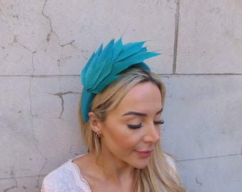 Jade Teal Turquoise Blue Green Feather Padded Headband Fascinator Races Wedding Guest Halo Crown Spiky Feather Ladies Day Headpiece u10505
