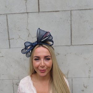 Navy Blue & Blush Pink Feather Sinamay Fascinator Wedding Guest Headband Headpiece Races Modern One off Piece - u12207