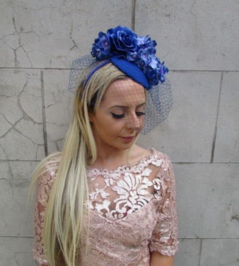 Royal Blue Rose Hydrangea Birdcage Veil Flower Hair Fascinator Hat Races 5716