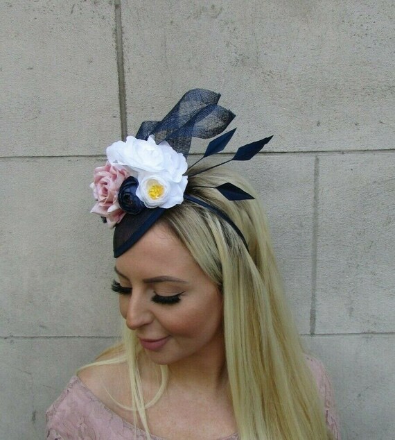 Judith March Navy Blue Floral Hat Clip / Headband with Feather Accents Pxiakgy headbands for women Flower Tea Party Headwear  main image 4