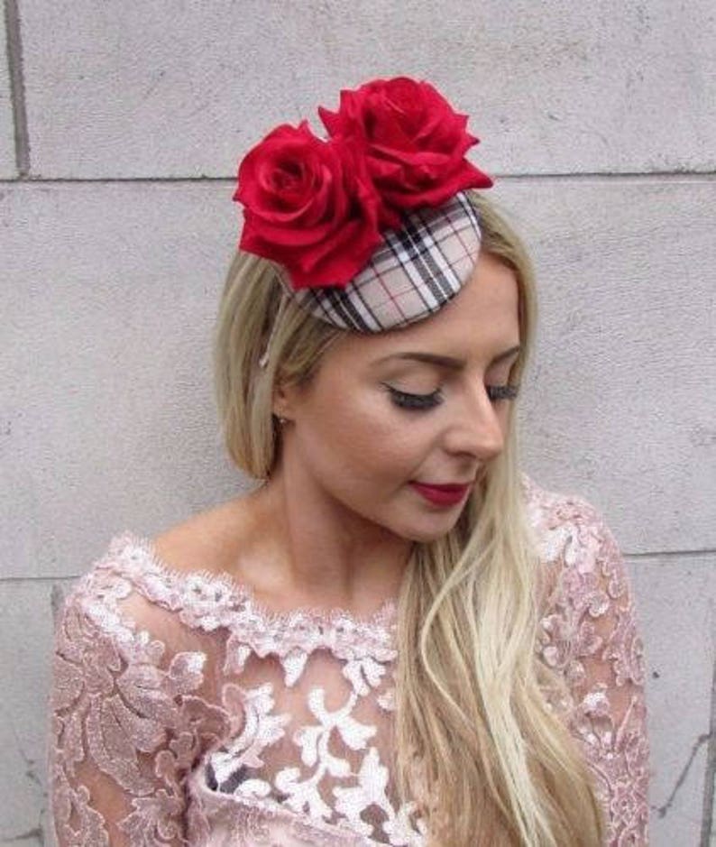 Beige Black Red Rose Tartan Plaid Flower Fascinator Hat Races Pillbox Hat 4572