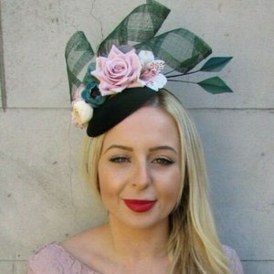 Bottle Dark Green Blush Light Pink Floral Flower Feather Hat Fascinator SH-12